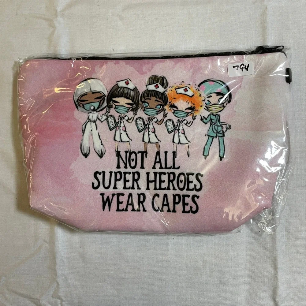 The Pouch Cosmetic Bag Womens OS Pink NWT Nurse Superhero Graphic Travel Case